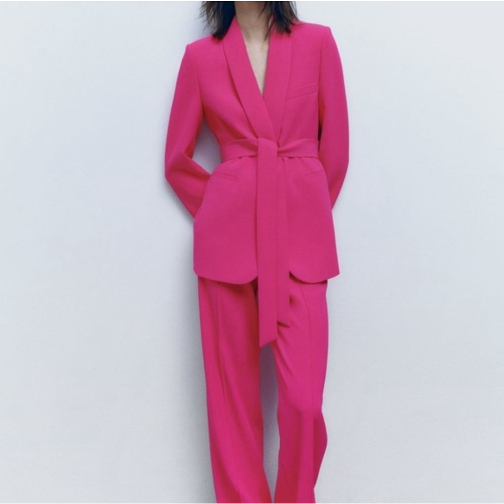 ZARA Hot Pink Pantsuit Belted Blazer Flare Wide Leg Trouser XS